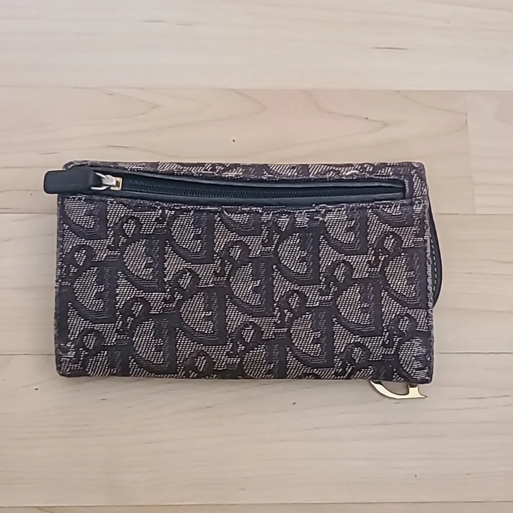 Christian Dior CD Saddle Navy Blue GHW Logo Trifold Flap Long Wallet Authentic